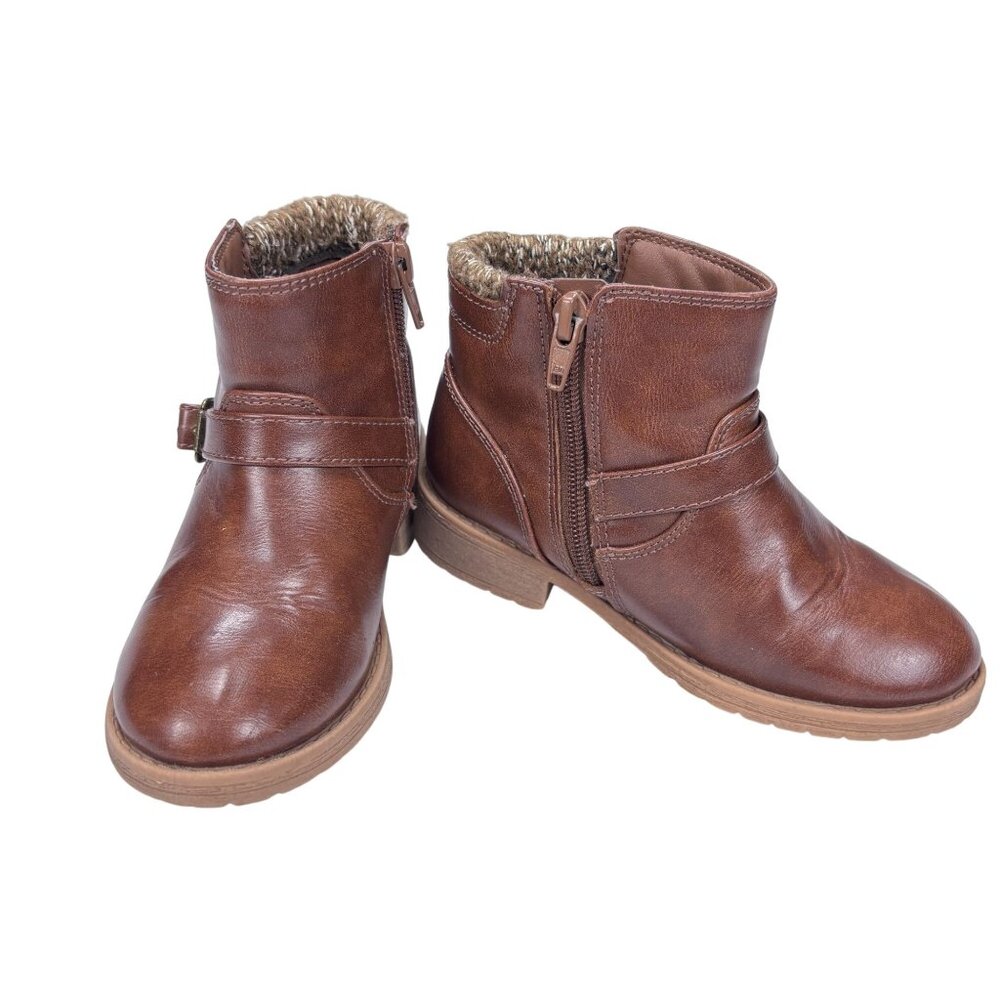 Brown Faux Leather Ankle Boots With Faux Fur Lining & Side Zipper Closure For Gi